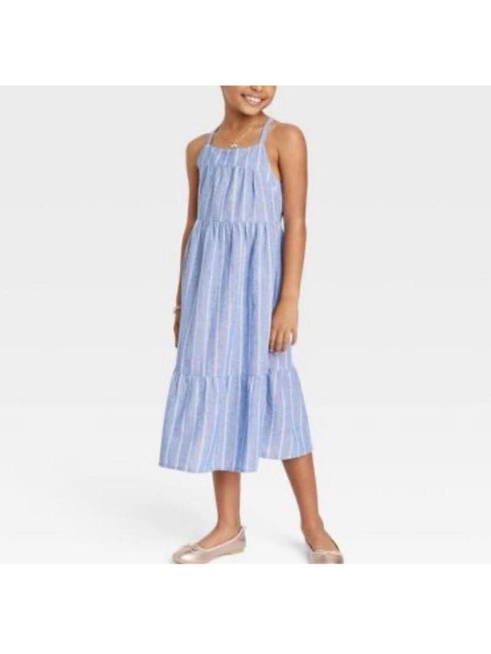 Cat & Jack Blue Stripe Sleeveless Tiered Maxi Summer Sundress Kids, Size M (8)
